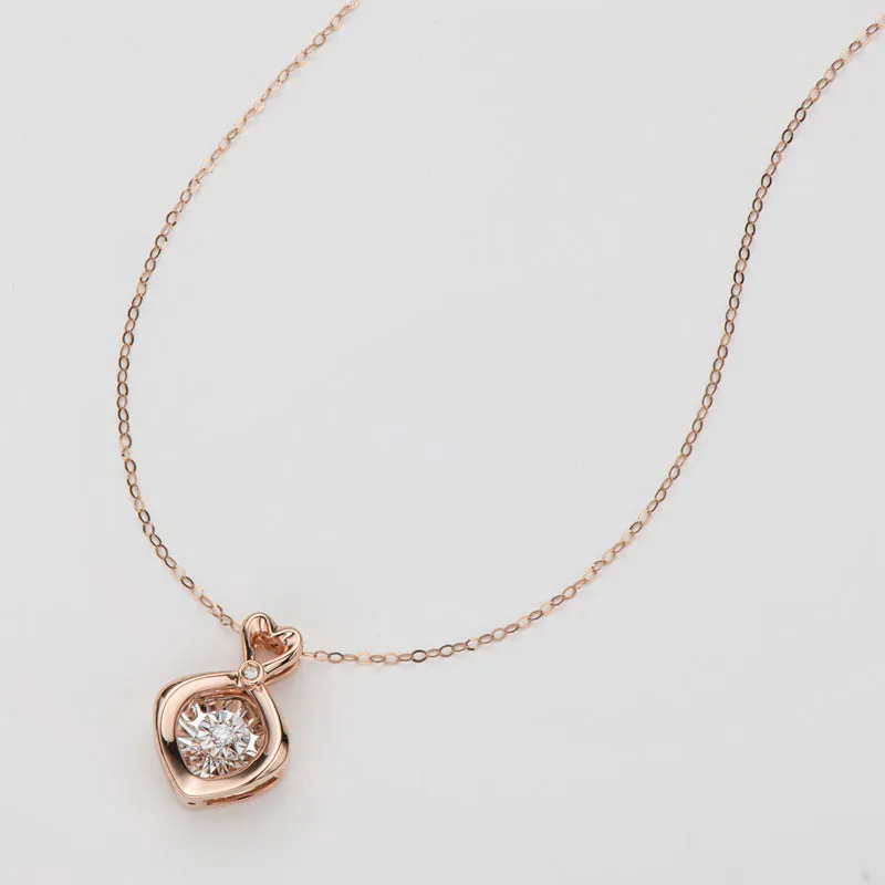 18K Rose Gold 0.02ct Real Diamond Heart Shaped Dancing Pendant Necklace