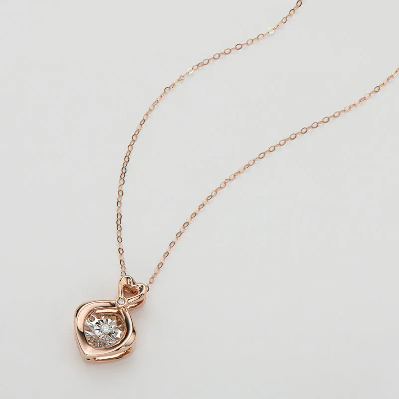 18K Rose Gold 0.02ct Real Diamond Heart Shaped Dancing Pendant Necklace