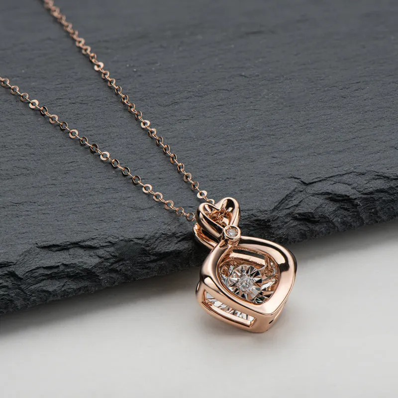 18K Rose Gold 0.02ct Real Diamond Heart Shaped Dancing Pendant Necklace