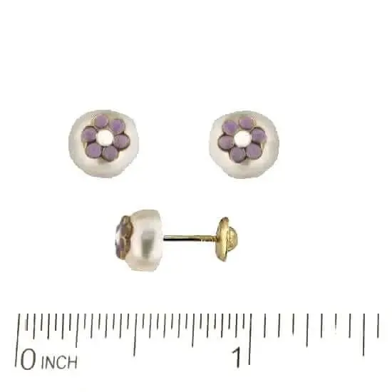 18K Solid Gold Lilac Enamel Flower Pearl Screwback Earrings