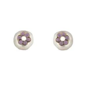 18K Solid Gold Lilac Enamel Flower Pearl Screwback Earrings