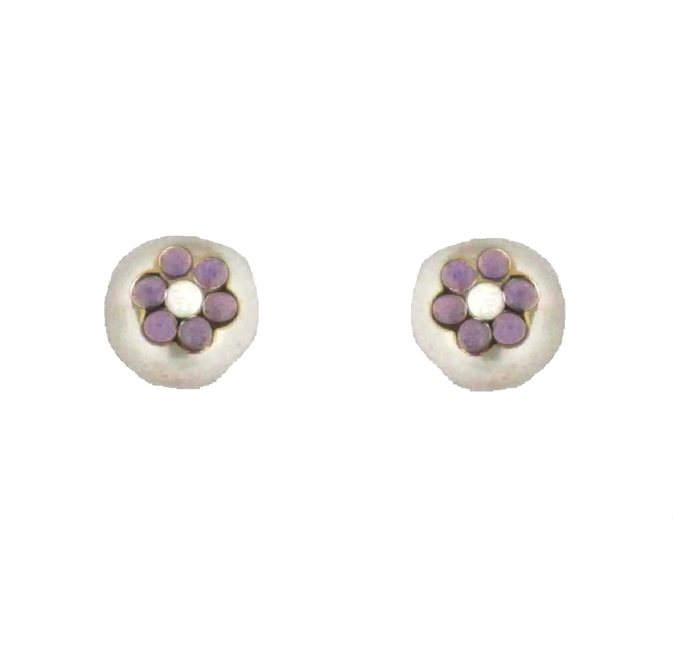 18K Solid Gold Lilac Enamel Flower Pearl Screwback Earrings