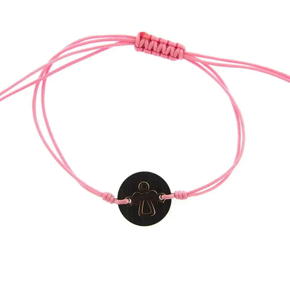 18K Solid Pink Gold Angel over ebony stone Pink Cord adjustable Bracelet