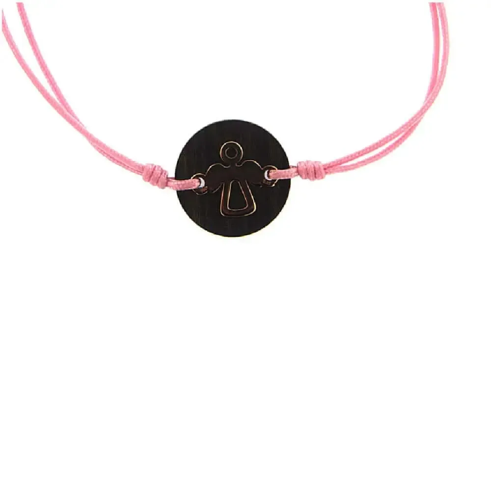 18K Solid Pink Gold Angel over ebony stone Pink Cord adjustable Bracelet