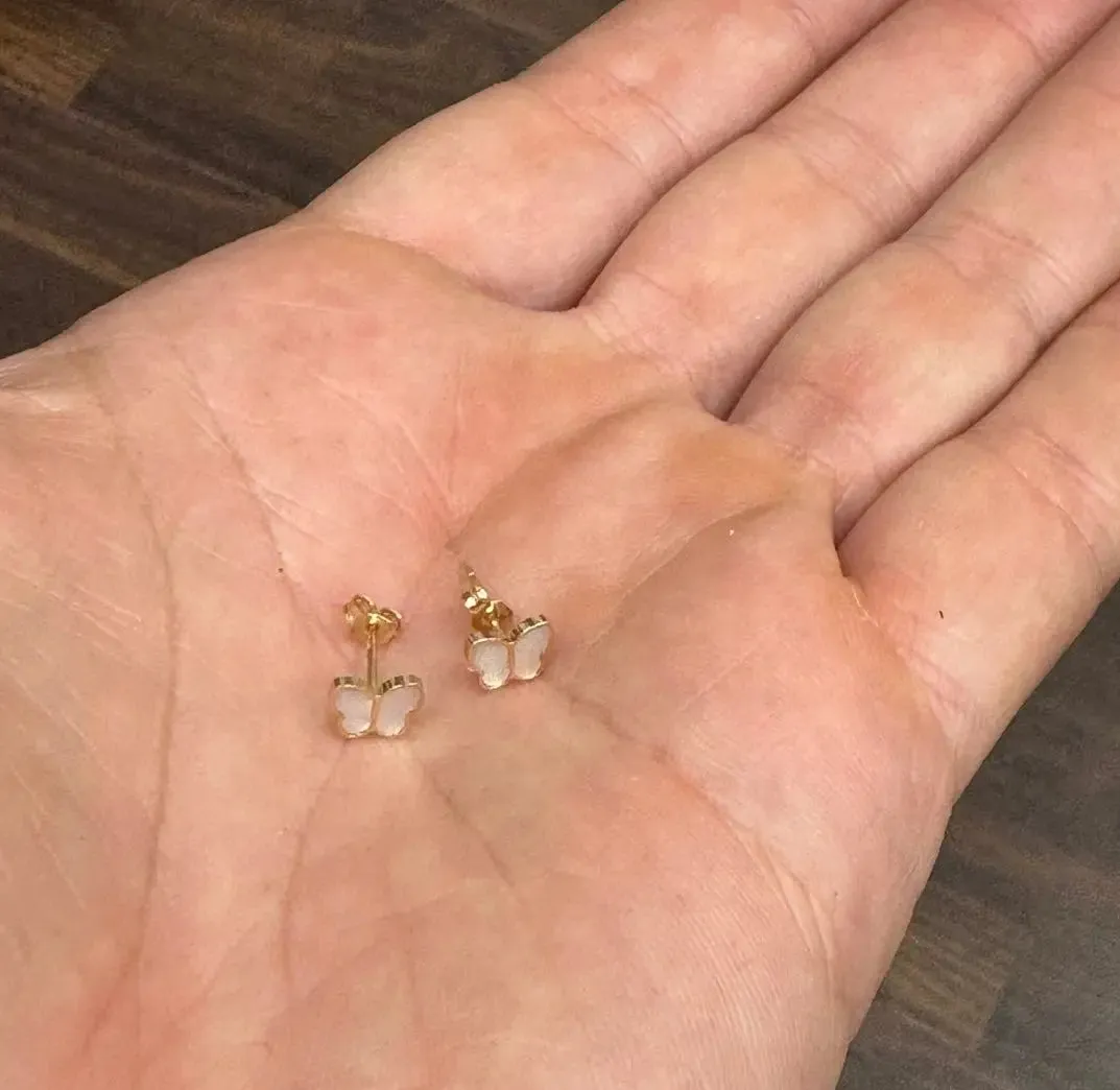 18K Yellow Gold Mother of Pearl Tiny Butterfly Post Earrings 