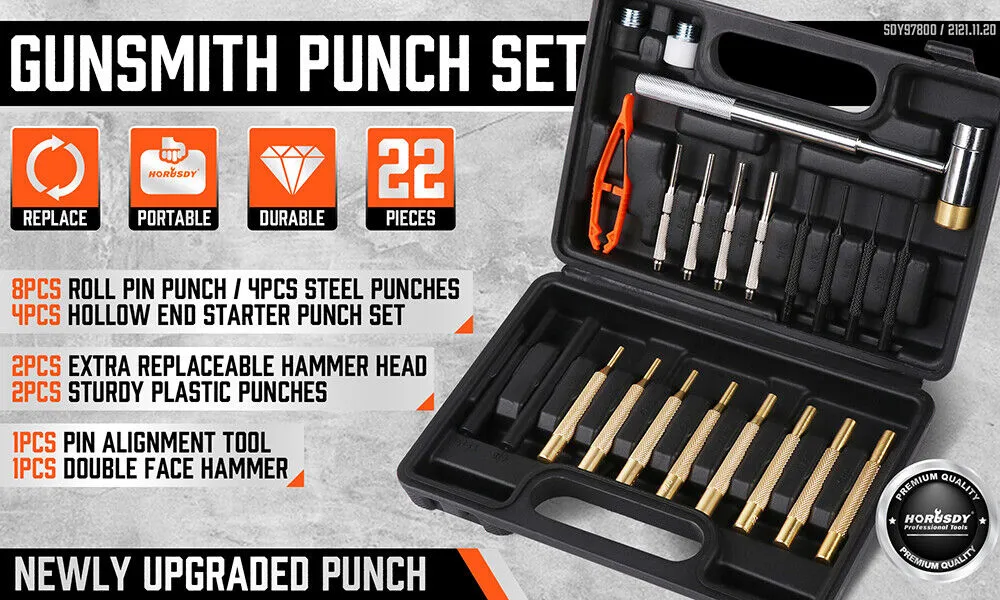 22Pc Hammer & Punch Set with Interchangeable Heads for Gunsmithing and Repairs