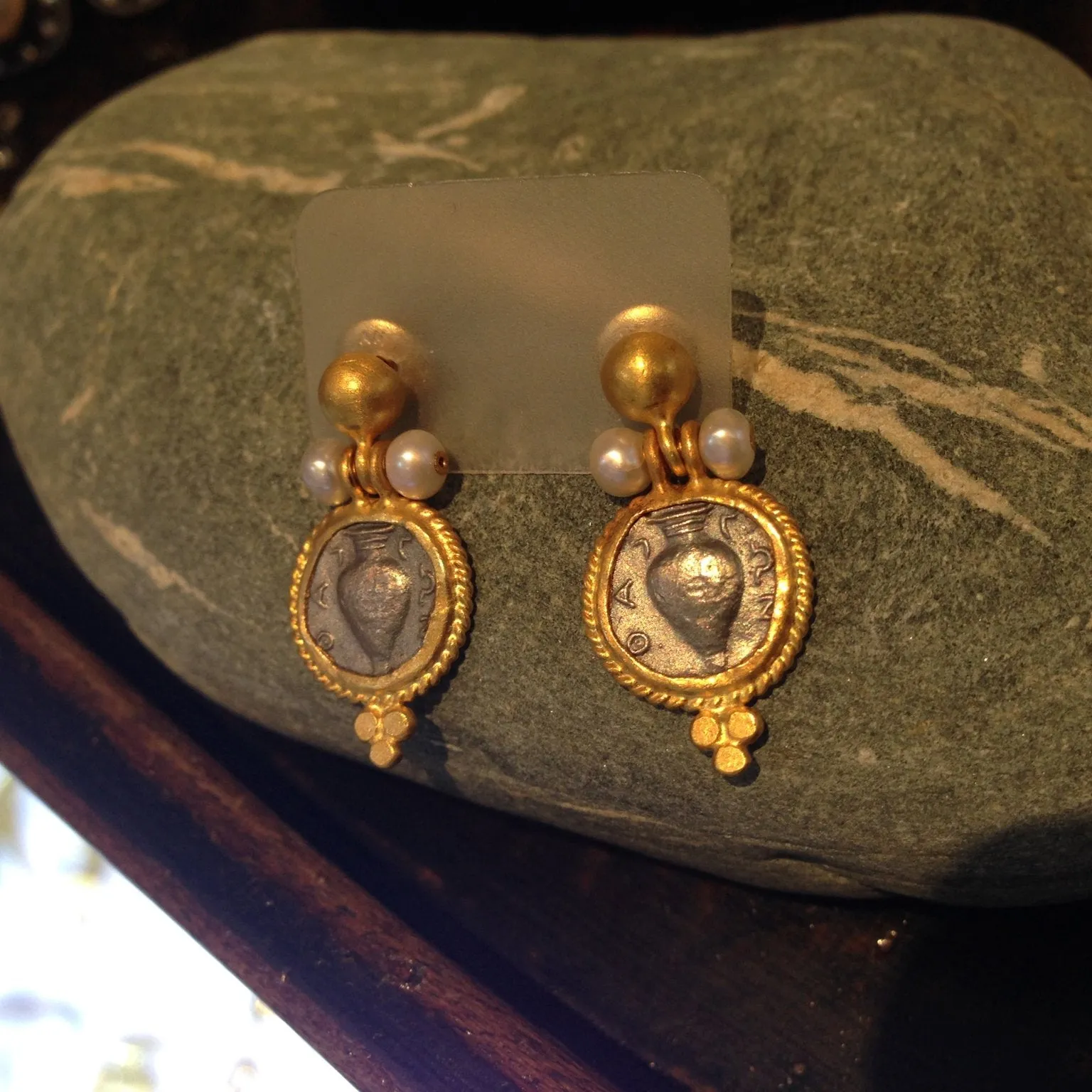 24K Gold Earrings with Tarnished Sterling Silver Coins and Pearls