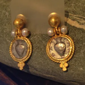 24K Gold Earrings with Tarnished Sterling Silver Coins and Pearls