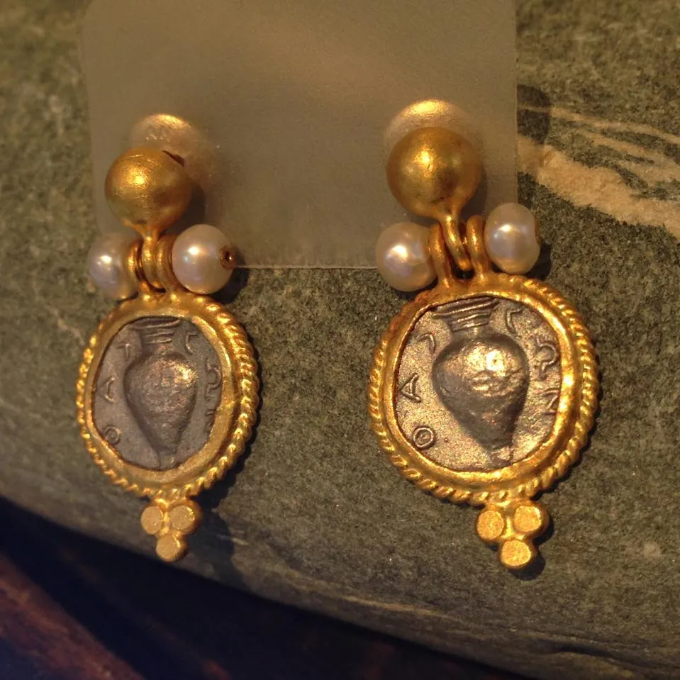 24K Gold Earrings with Tarnished Sterling Silver Coins and Pearls