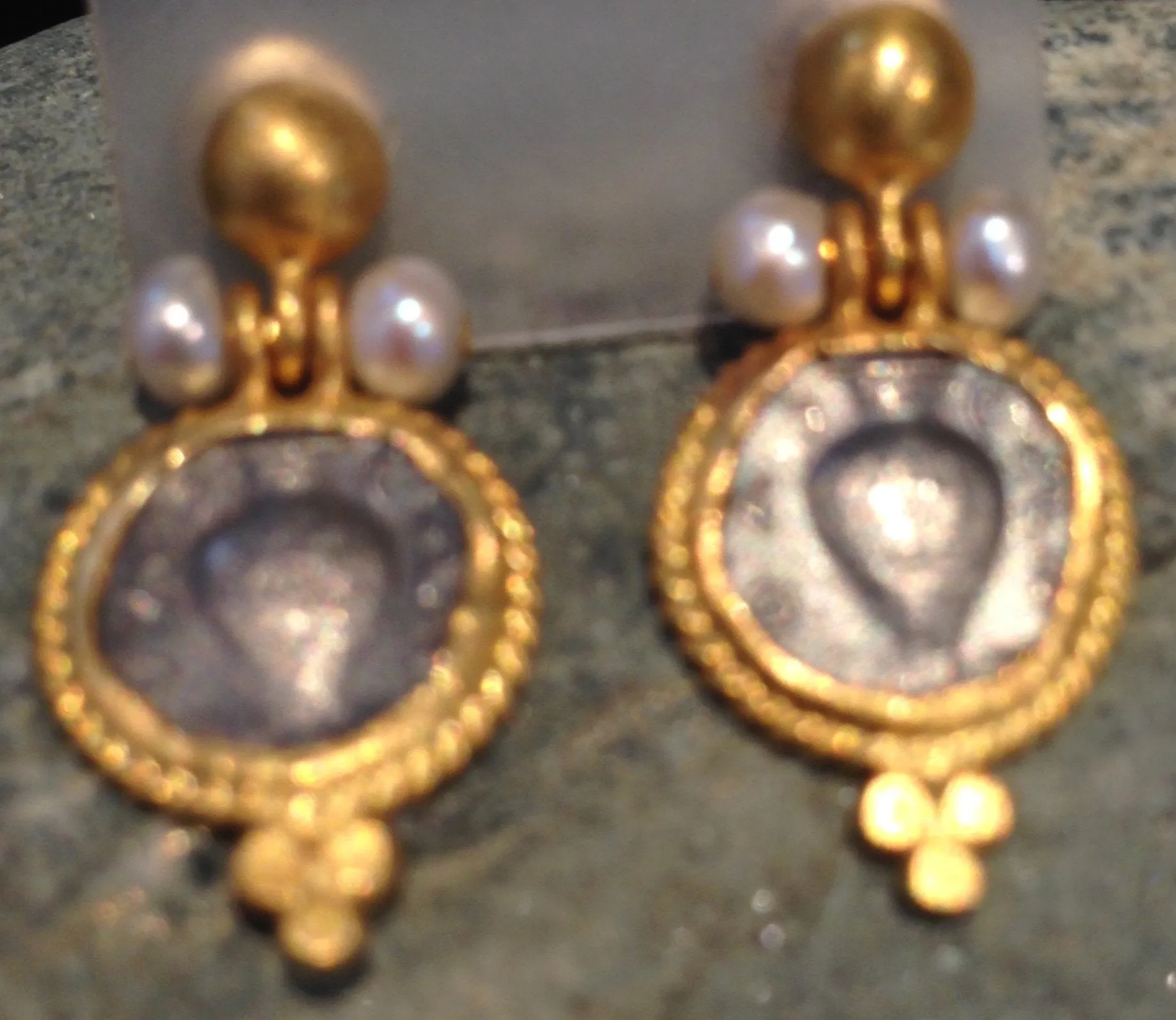 24K Gold Earrings with Tarnished Sterling Silver Coins and Pearls