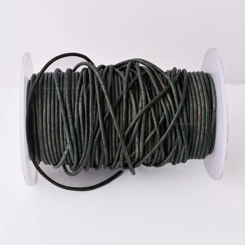 2mm Leather Cord - Antique Green - Distressed Round - Matt Finish Indian Leather - Wrap Bracelet Making Findings - Antique Color Natural Dye