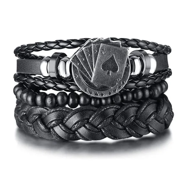 3-4Pc/Set Bohemian Leather Band Unisex Vintage Poker Bracelet