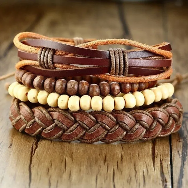 3-4Pc/Set Bohemian Leather Band Unisex Vintage Poker Bracelet