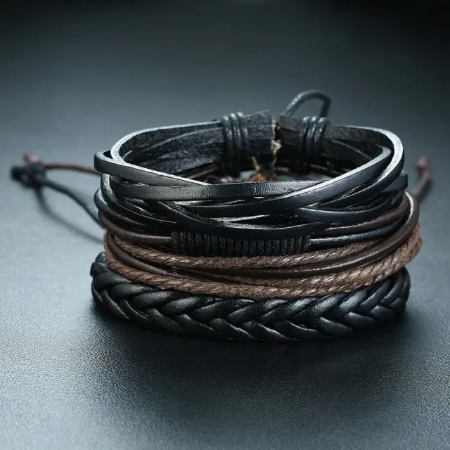 3-4Pc/Set Bohemian Leather Band Unisex Vintage Poker Bracelet