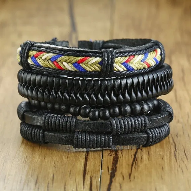 3-4Pc/Set Bohemian Leather Band Unisex Vintage Poker Bracelet
