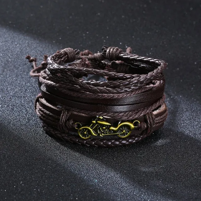 3-4Pc/Set Bohemian Leather Band Unisex Vintage Poker Bracelet
