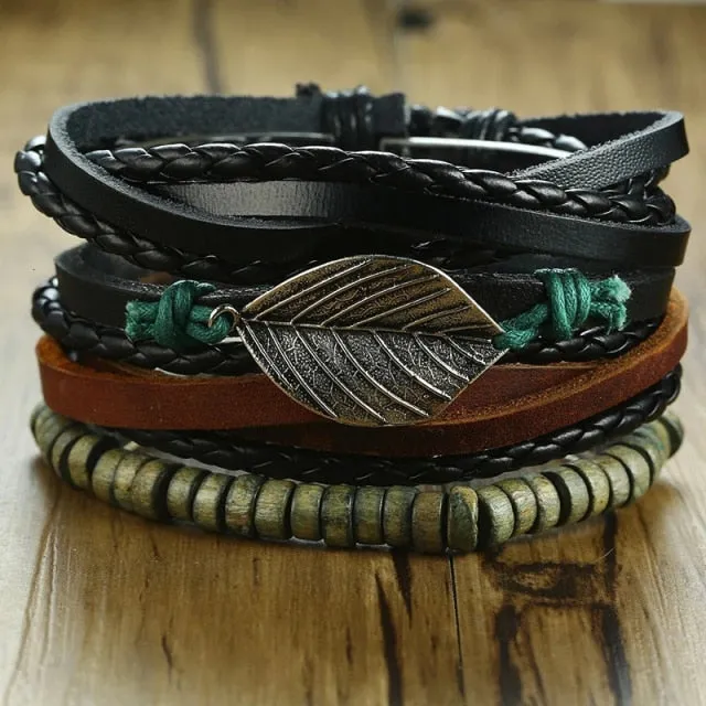 3-4Pc/Set Bohemian Leather Band Unisex Vintage Poker Bracelet