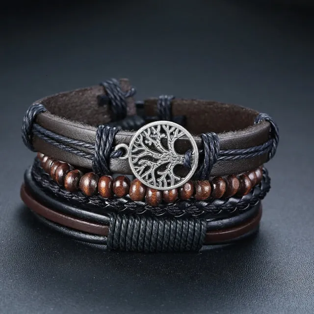 3-4Pc/Set Bohemian Leather Band Unisex Vintage Poker Bracelet