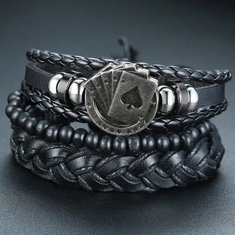 3-4Pc/Set Bohemian Leather Band Unisex Vintage Poker Bracelet