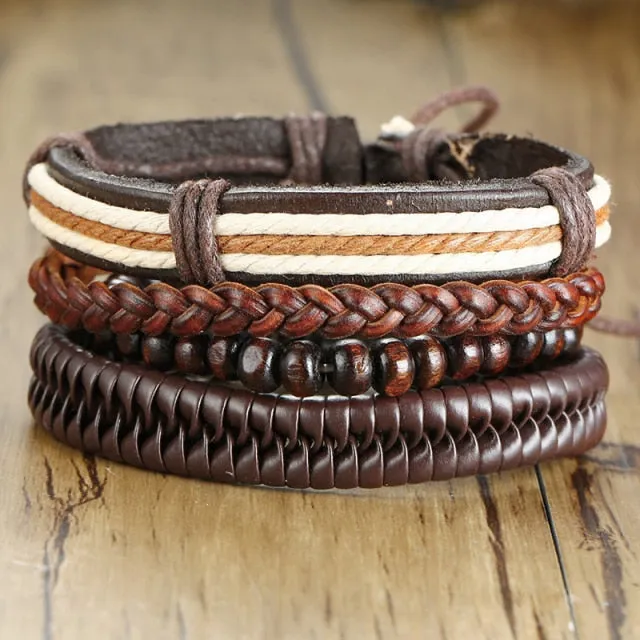 3-4Pc/Set Bohemian Leather Band Unisex Vintage Poker Bracelet