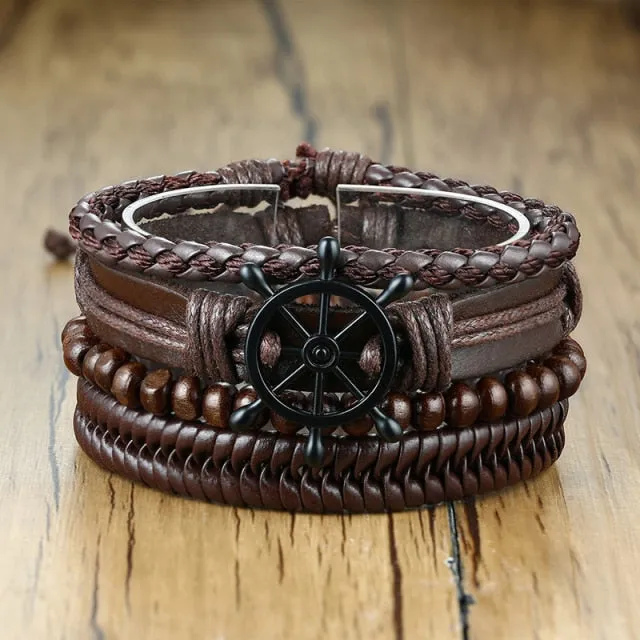 3-4Pc/Set Bohemian Leather Band Unisex Vintage Poker Bracelet