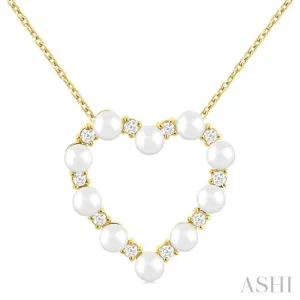 3 MM Round Shape Cultured Pearl and 1/5 ctw Heart Shape Round Cut Diamond Pendant With Chain in 14K Yellow Gold