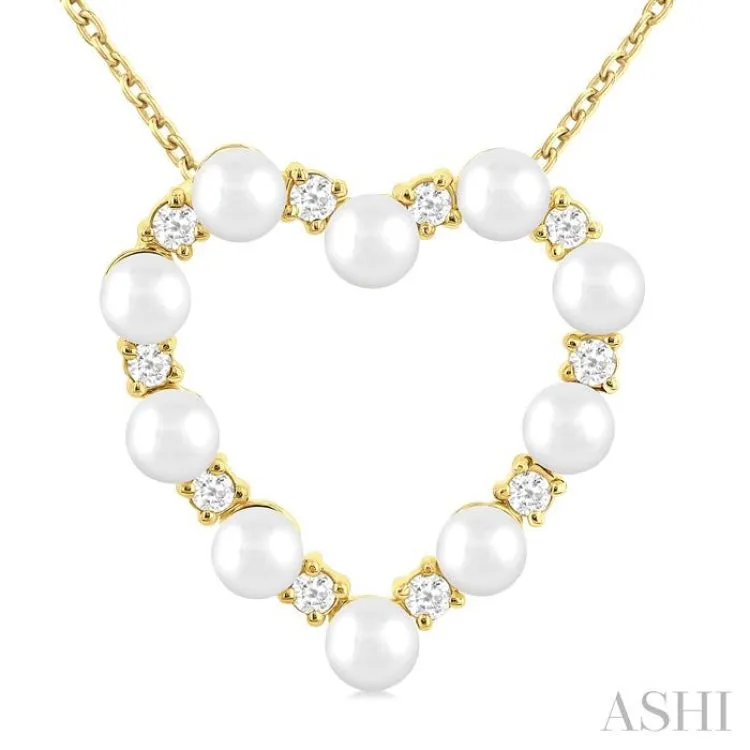 3 MM Round Shape Cultured Pearl and 1/5 ctw Heart Shape Round Cut Diamond Pendant With Chain in 14K Yellow Gold