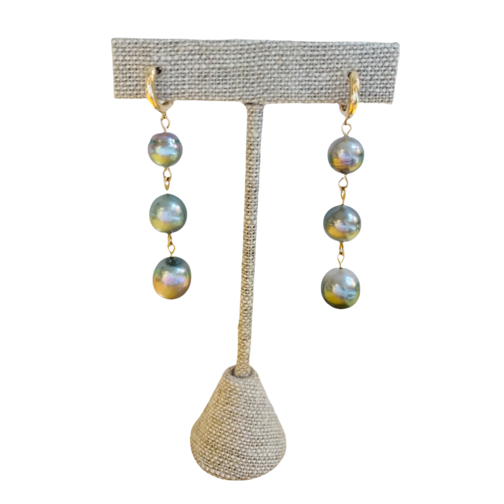 3 Tahitian Pearl Dangle Earrings w/ 14K Huggy