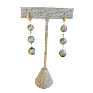 3 Tahitian Pearl Dangle Earrings w/ 14K Huggy