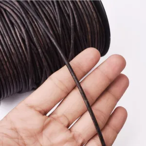 3mm Leather Cord - Vintage Black - Round - Matt Finish - Indian Leather - Wrap Bracelet Making Findings - Antique Color Natural Dye