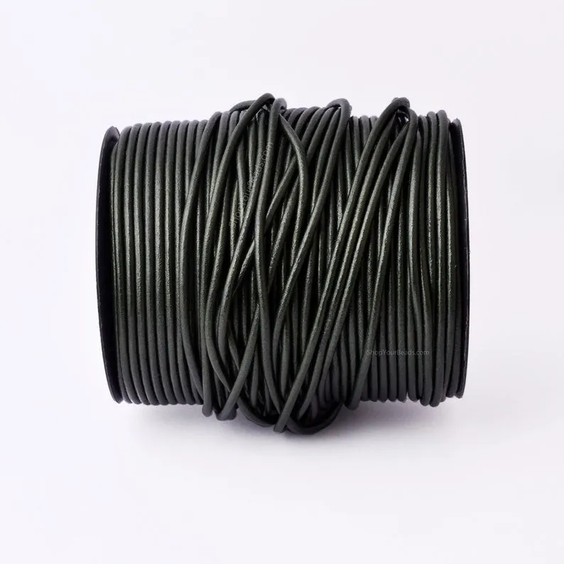 3mm Metallic Forrest Green Leather Cord - Round - Premium Quality - Indian Leather - Wrap Bracelet Making Findings - Necklace Making