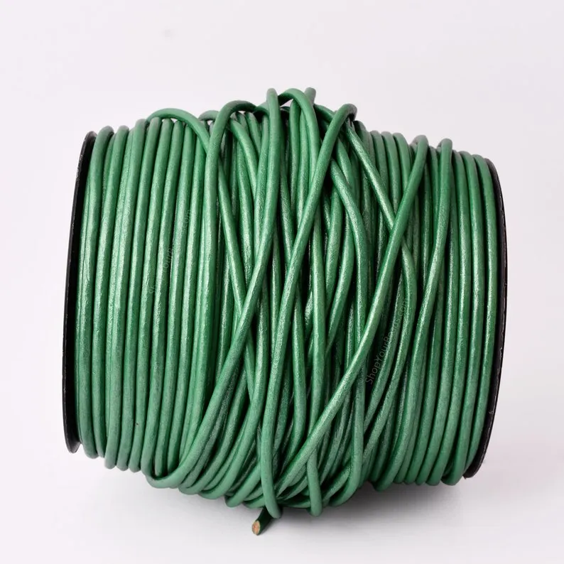 3mm Metallic Leaf Green Leather Cord - Round - Premium Quality - Indian Leather - Wrap Bracelet Making Findings Lead Free - Necklace Making