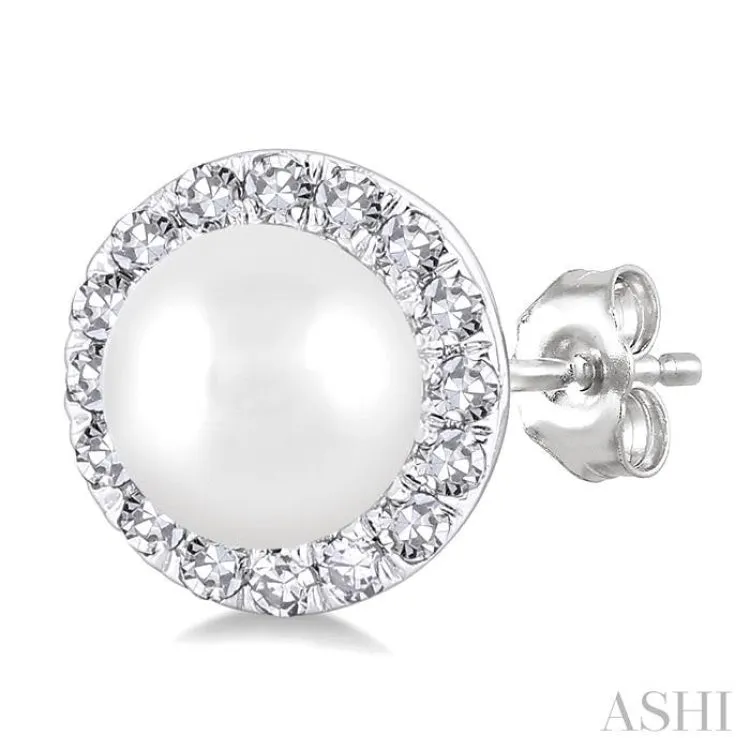 4.5 MM White Cultured Pearl and 1/8 ctw Round Cut Diamond Halo Stud Earrings in 14K White Gold