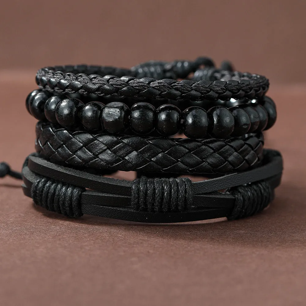 4pcs Men's Vintage Leather Braided Bracelet Set
