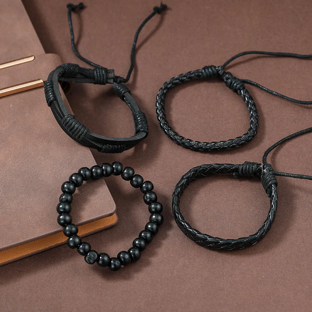 4pcs Men's Vintage Leather Braided Bracelet Set