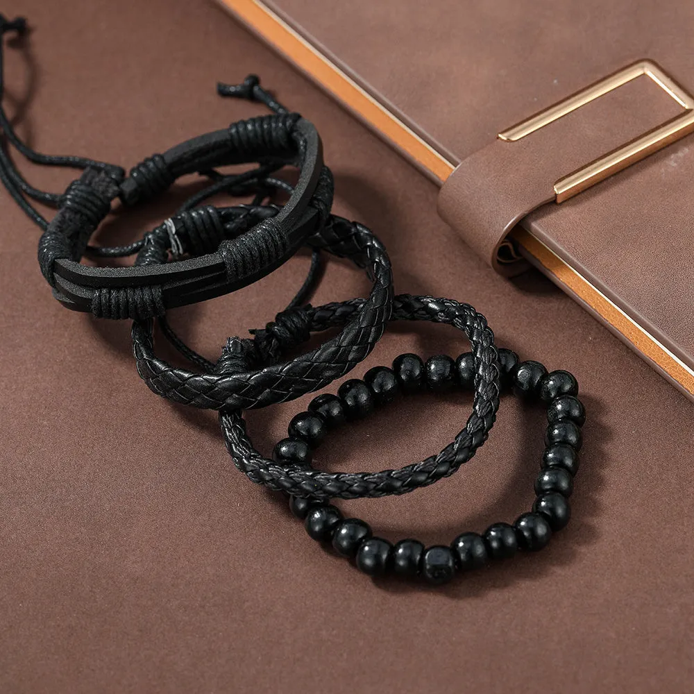 4pcs Men's Vintage Leather Braided Bracelet Set
