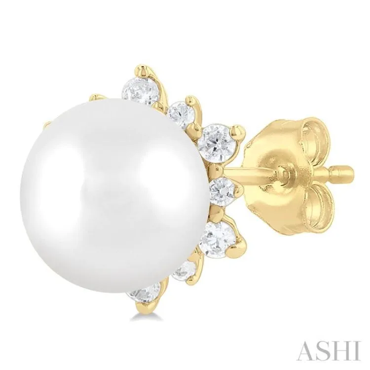 5.50 MM Round Shape Cultured Pearl and 1/6 ctw Petite Round Cut Diamond Fashion Stud Earring in 10K Yellow Gold