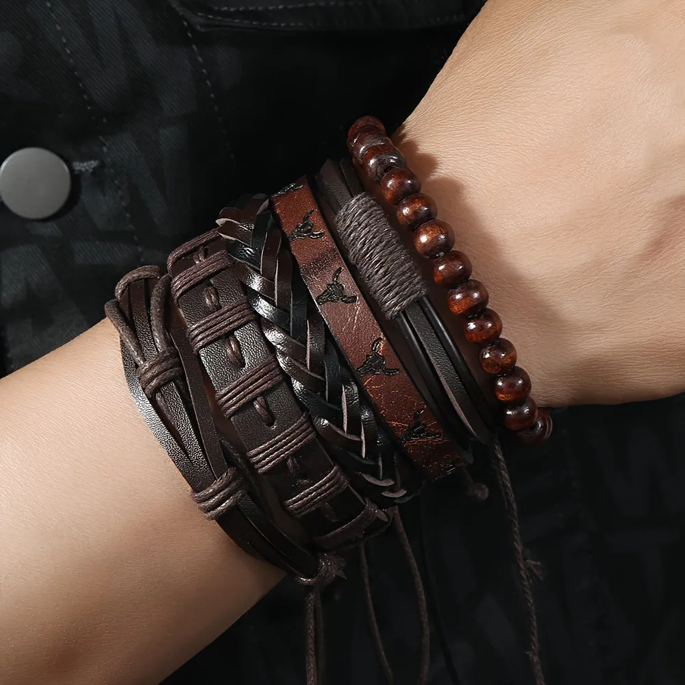 6pcs Western Style Cow Head PU Leather Men's Bracelet DIY