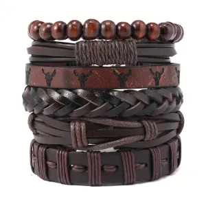 6pcs Western Style Cow Head PU Leather Men's Bracelet DIY