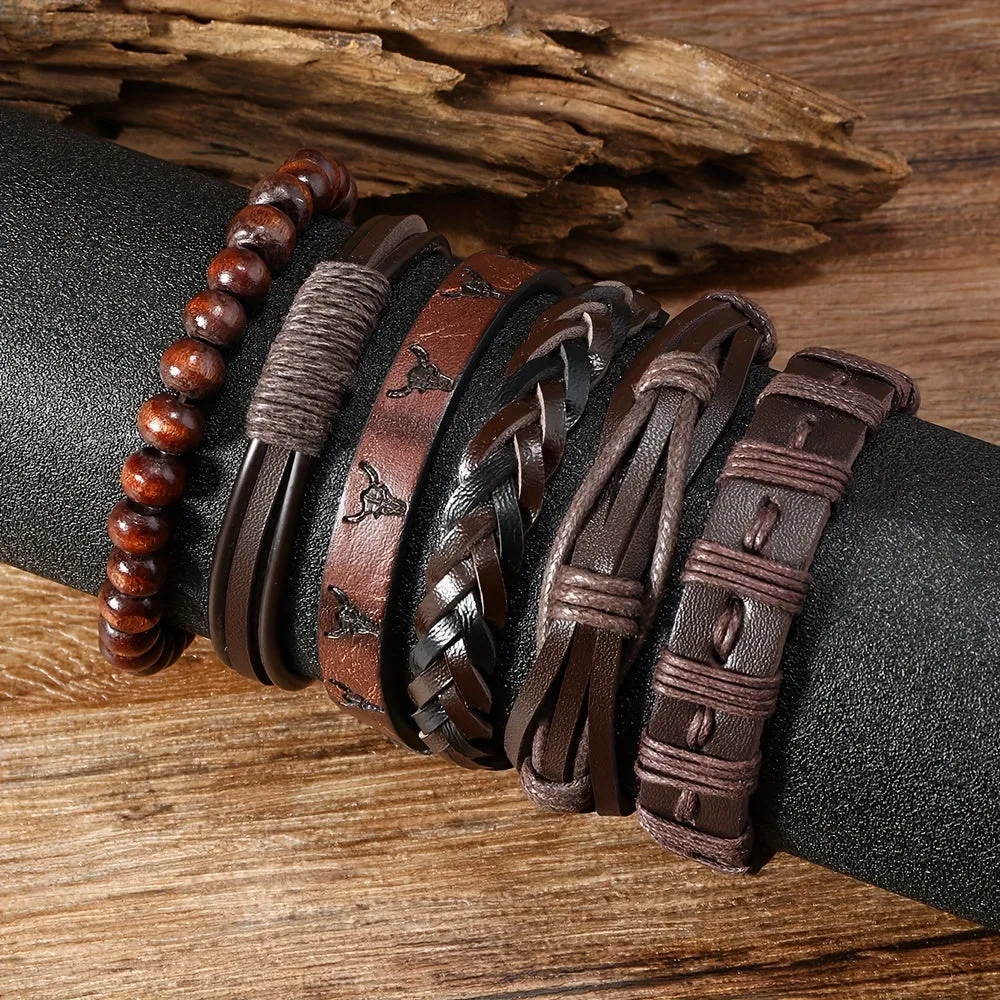 6pcs Western Style Cow Head PU Leather Men's Bracelet DIY