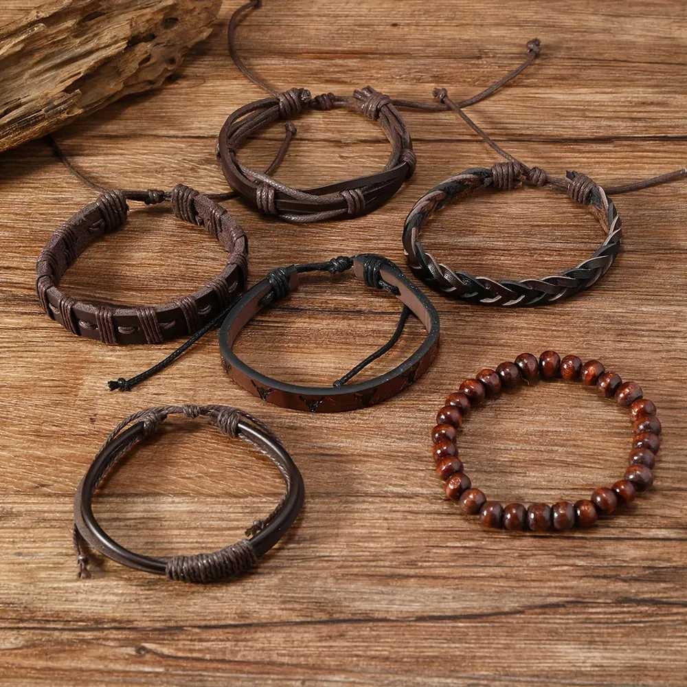 6pcs Western Style Cow Head PU Leather Men's Bracelet DIY