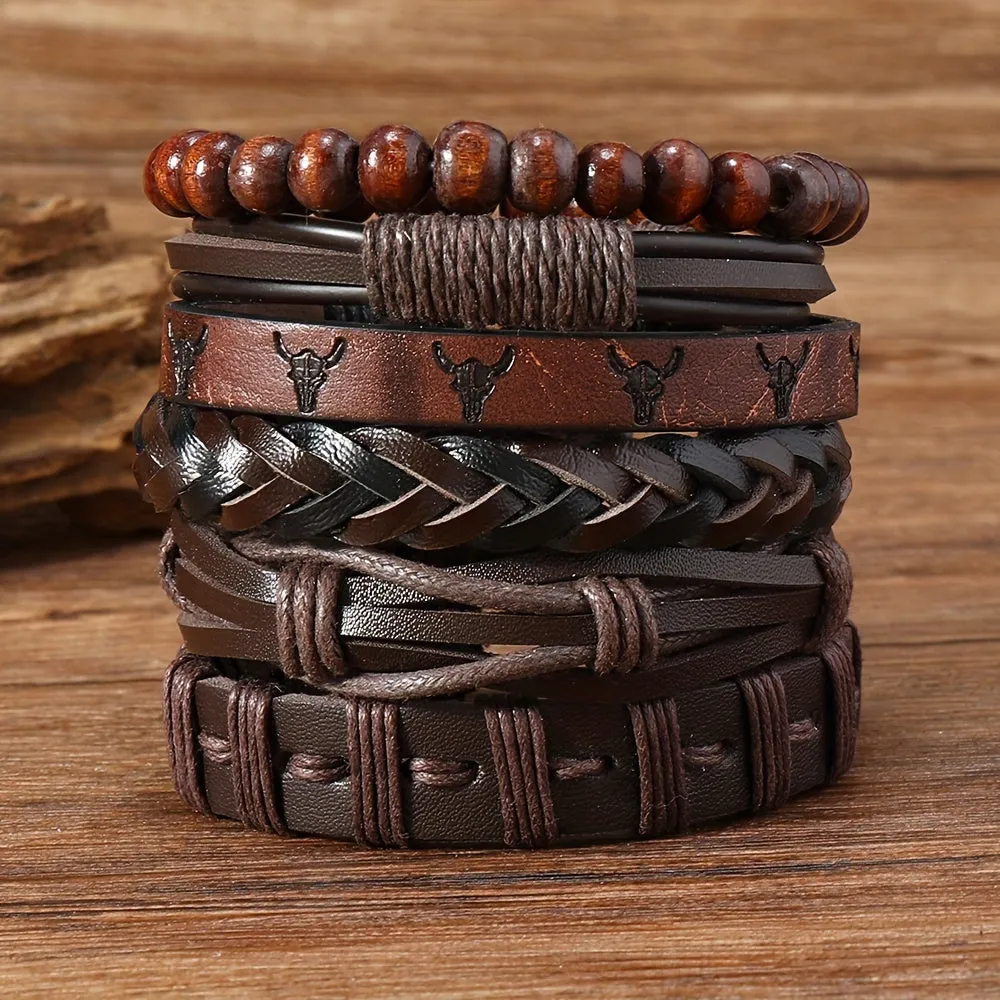 6pcs Western Style Cow Head PU Leather Men's Bracelet DIY