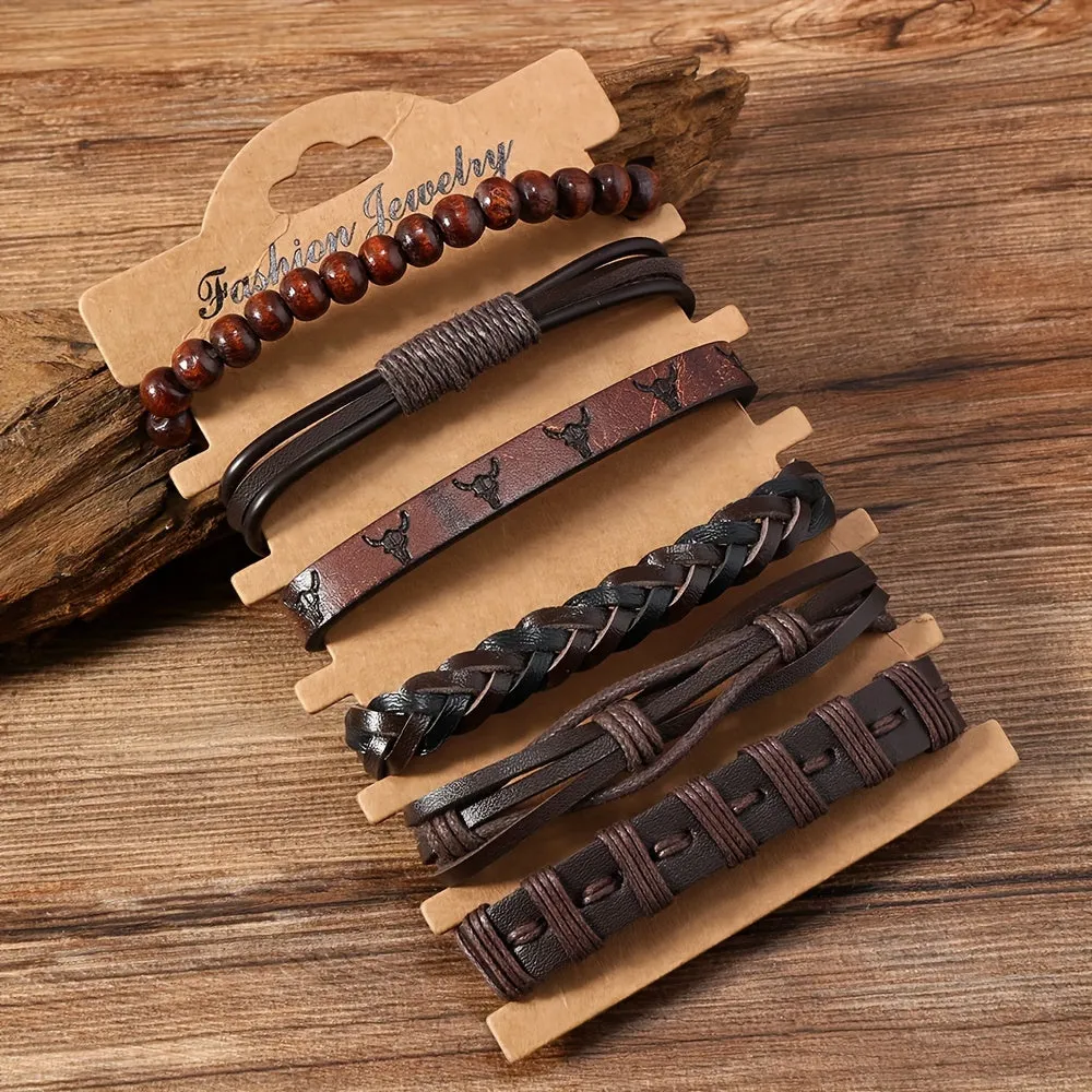 6pcs Western Style Cow Head PU Leather Men's Bracelet DIY