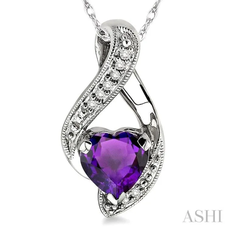 7 MM Heart Shape Amethyst and 1/20 ctw Single Cut Diamond Semi Precious Pendant in 14K White Gold with Chain