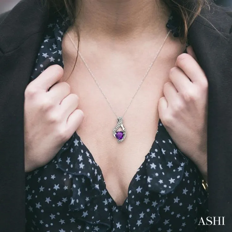 7 MM Heart Shape Amethyst and 1/20 ctw Single Cut Diamond Semi Precious Pendant in 14K White Gold with Chain