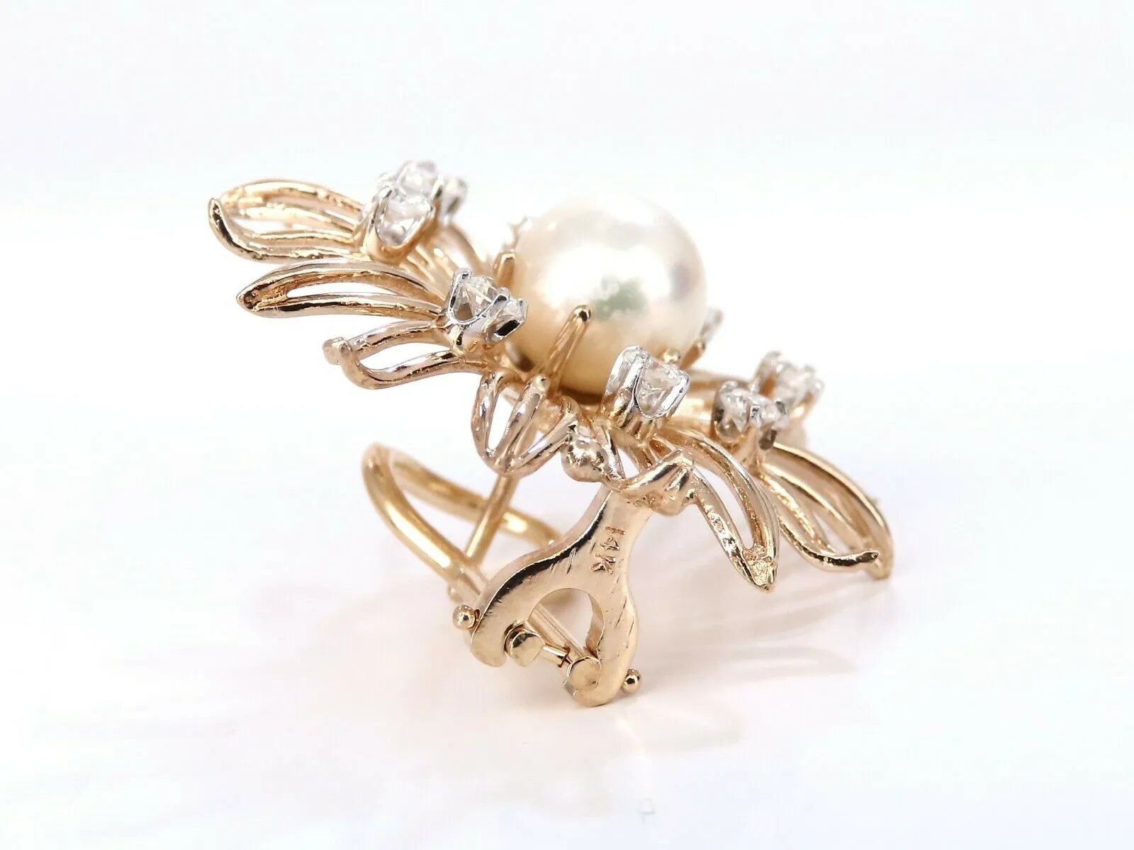 7.5mm South Seas Pearls 1ct Diamonds Sunburst Earrings 14kt Gold