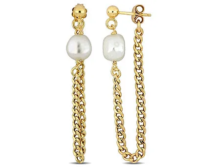 8-8.5 mm Cultured Freshwater Pearl Earring With Curb Chain In Yellow Gold Plated Sterling SIlver