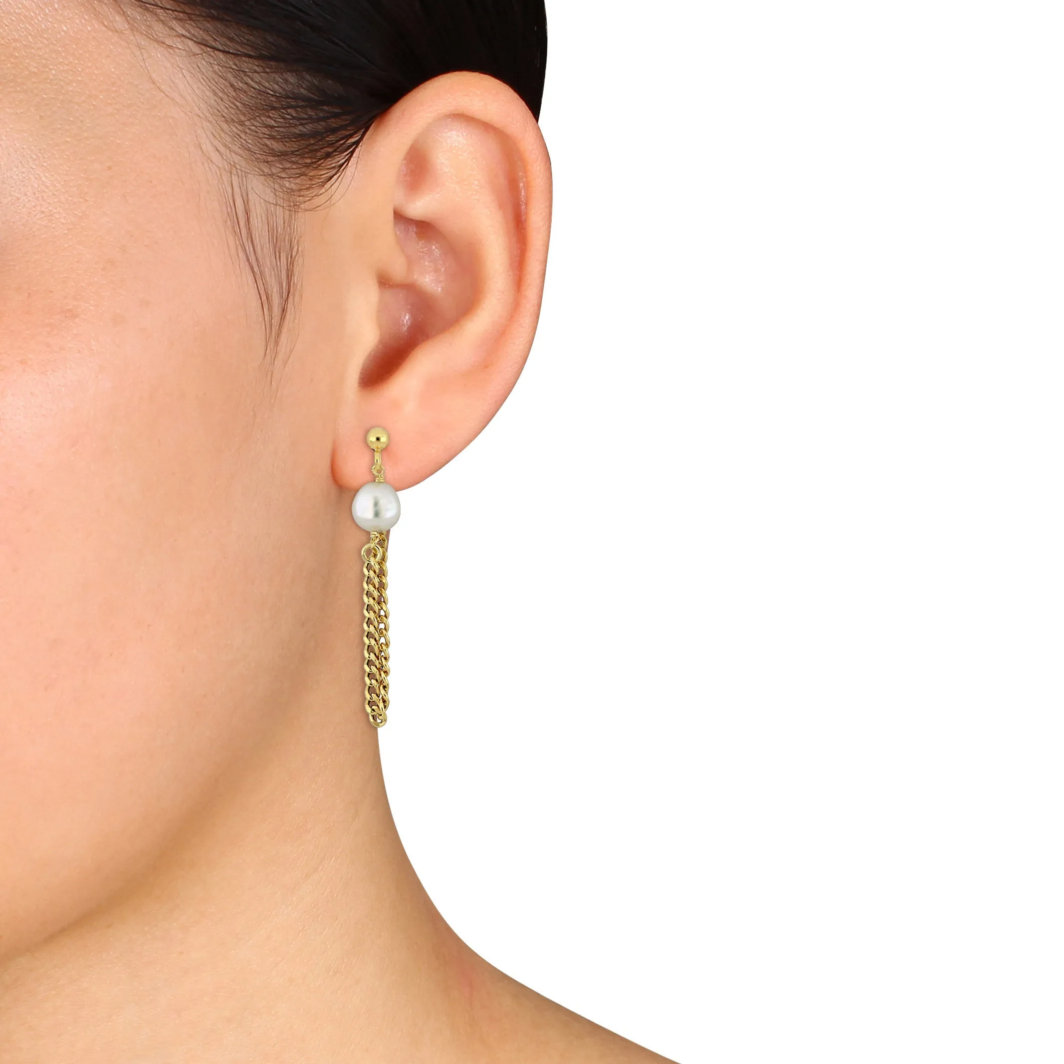 8-8.5 mm Cultured Freshwater Pearl Earring With Curb Chain In Yellow Gold Plated Sterling SIlver