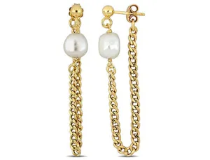 8-8.5 mm Cultured Freshwater Pearl Earring With Curb Chain In Yellow Gold Plated Sterling SIlver