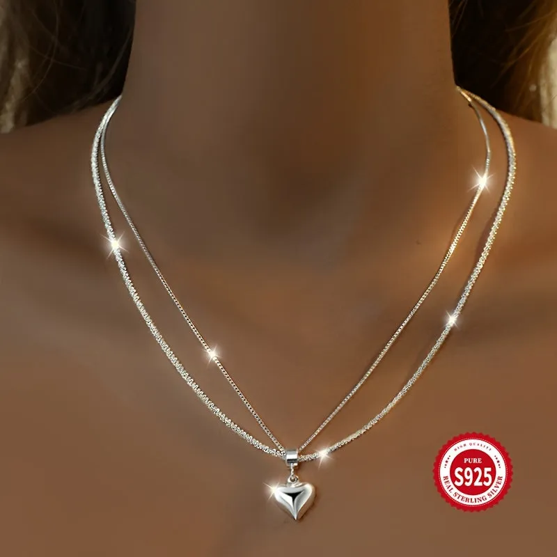 925 Double Layer Love Necklace Heart Light Pendant Women's High-end Versatile
